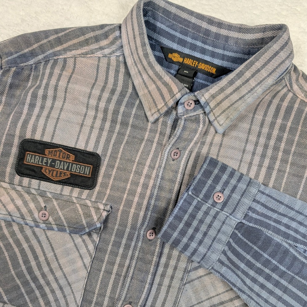 Harley-Davidson Shirt Mens XL Blue Grey Ombre Stripe Embroidered Mechanic Garage
